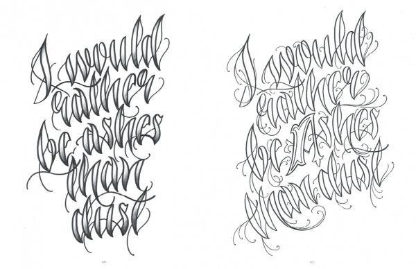 Tattoo Lettering & Banners by Schiffer Publishing, Ltd. features two stylized handwritten designs of “I would rather be ashes than dust,” in ornate tattoo script with decorative flourishes on a plain white background.