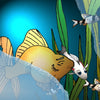 A cartoon yellow fish with closed eyes swims among plants and striped fish in a blue scene with bright light—an ideal illustration from “The Fish Tank” by Schiffer Publishing, Ltd., perfect for a children's aquarium book.