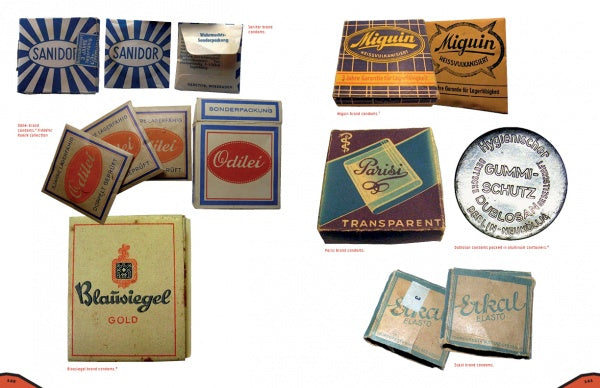 Ruhetag: The Day to Day Life of the German Soldier in WWII by Schiffer Publishing, Ltd. features vintage condom packaging—boxes and wrappers labeled Sandidor, Miquin, Odile, Parisi, Blauwögel, and Erka—highlighting health and hygiene.