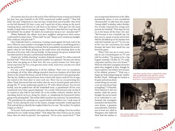 A two-page spread from *Dick Allen, The Life and Times of a Baseball Immortal* by Schiffer Publishing, Ltd. shows text on both pages and three black-and-white photos: children on a suitcase, kids playing, and a family outside a brick house.
