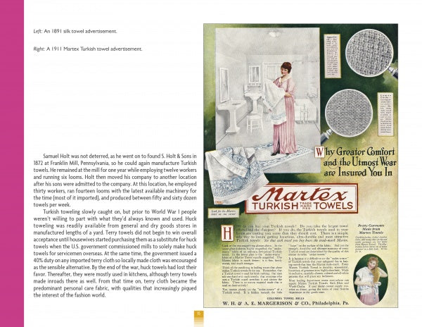 A vintage magazine ad for Schiffer Publishing, Ltd.’s Terry Cloth showcases a woman in a pink robe amid plush towels in a bright, elegant bathroom—an homage to timeless fashion with focus on comfort and durability.