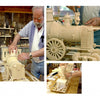 A man assembles “Carving an 1880s Western Train” by Schiffer Publishing, Ltd. in his workshop, using glue and tools. Close-ups reveal intricate craftsmanship and unique woodcarving details from various angles of this detailed model.