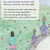 A person gestures toward Franklin the Schwoe and a friend from "Don't Be a Schwoe" by Schiffer Publishing, Ltd., as they walk on a grassy path with flowers, while a poem about good manners and healthy habits appears in the sky.