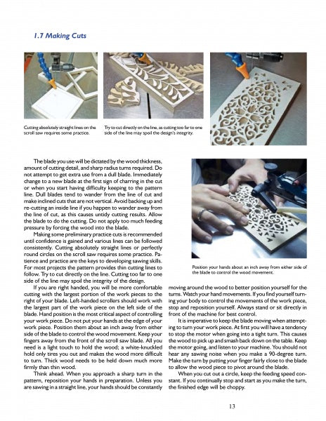 The Schiffer Publishing, Ltd. "Lighted Scroll Saw Projects" magazine page offers step-by-step scroll saw instructions, safety tips, and photos showing hands guiding wood through the blade for your next project.