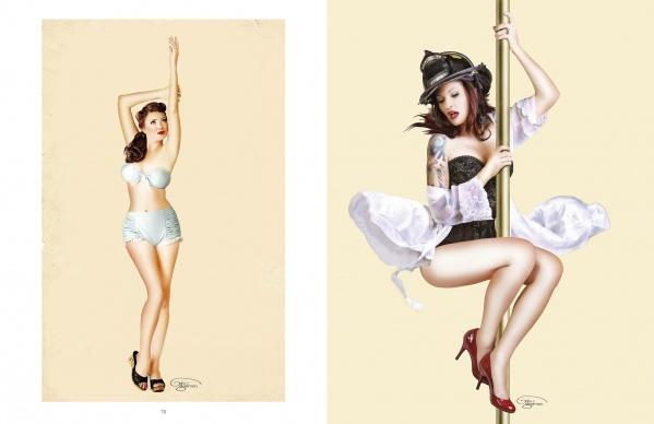 Bombshell by Schiffer Publishing, Ltd. features two vintage pin-up illustrations: one of a woman in white retro lingerie and heels, the other of a woman in a firefighter hat and corset, both celebrating classic glamour.