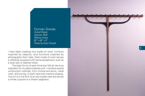 “Your Personal Hang-ups” by Schiffer Publishing, Ltd. is a wall-mounted coat rack with a wooden and brass horizontal bar and evenly spaced hooks, shown on a pale wall with details about the piece and its artist, Duncan Gowdy, on the left.