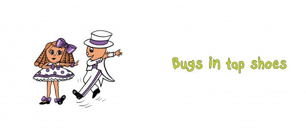 Illustration of two cheerful cartoon bugs tap dancing—one in a purple dress and bow, the other in a white suit and top hat. A fun Schiffer Publishing, Ltd. picture book titled "Bugs in Shoes," with the title in green text on the right.
