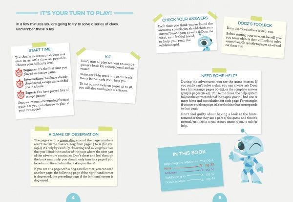 Escape Game Adventure: Operation Pizza by Schiffer Publishing, Ltd. features cartoon robot illustrations, rule explanations, answer checking, and help tips—all in a playful layout that inspires young readers to sharpen problem-solving skills.