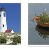 Left: A tall white lighthouse stands on a grassy sandy hill under a blue sky. Right: A small boat with a Christmas tree floats on calm water—a charming Nantucket scene. Nantucket by Schiffer Publishing, Ltd.