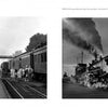 Two black-and-white photos from "Trains" by Schiffer Publishing, Ltd.: left, travelers with luggage at a WAYNESBORO station; right, a steaming locomotive, both evoking mid-20th-century rail travel.