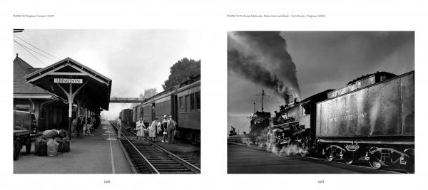 Two black-and-white photos from "Trains" by Schiffer Publishing, Ltd.: left, travelers with luggage at a WAYNESBORO station; right, a steaming locomotive, both evoking mid-20th-century rail travel.
