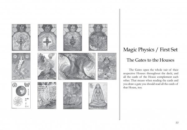 A grayscale page shows twelve AboraMana self-discovery cards (by Schiffer Publishing, Ltd.) in two rows on the left, with the right side featuring text titled Magic Physics / First Set: The Gates to the Houses and a description about reading the cards.