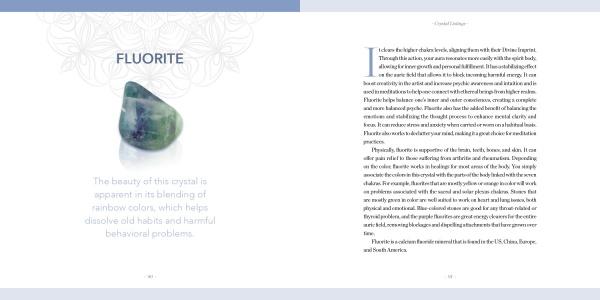 A book spread from Crystal Rhythms by Schiffer Publishing, Ltd. features polished fluorite. The left page shows its rainbow hues and crystal healing benefits; the right page displays text with a decorative top border.