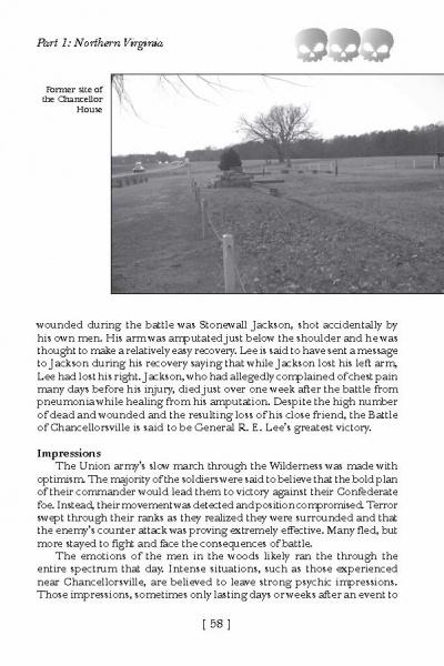 A black-and-white page from "Haunted Battlefields" by Schiffer Publishing, Ltd. shows a photo of the “Former site of the Chancellor House,” a Civil War ghost site, with skulls atop the page and text about the Battle of Chancellorsville.