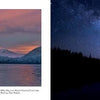 Split image from "Greater Portland, Oregon" (Schiffer Publishing, Ltd.): Left—Mount Hood at sunrise reflected in a lake; Right—Milky Way over silhouetted mountains and the Columbia River Gorge by night.