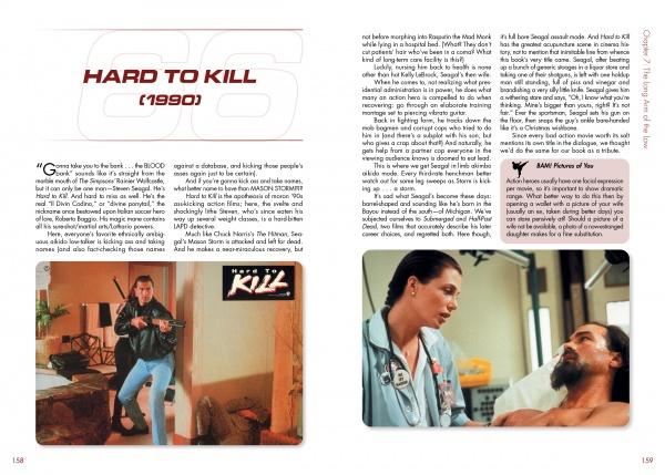 Magazine spread from Schiffer Publishing's "Mine's Bigger Than Yours" includes text, a photo of a man with a gun entering a house, and another of a woman in scrubs talking to a bearded man in a hospital bed.