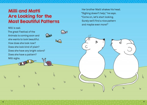Two white mice sit on green grass under a blue sky. One mouse looks sad as bugs and a snail crawl nearby. Text shares how Milli feels left out for not having unique patterns like those in the Zendoodle for Children book by Schiffer Publishing, Ltd.