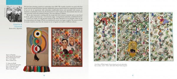 A spread from Artistry in Fiber, Vol. 1 (Schiffer Publishing, Ltd.) showcases four vibrant fiber artworks—one left, three right—blending patterns, faces, and abstractions. Artist information appears at the top left of the left page.