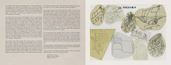 Classic Tattoo Stencils by Schiffer Publishing, Ltd. features a two-page spread: dense text on classic American tattoos on the left, and nine vintage stencils—eagles, flags, roses, anchors, “U.S.A.” lettering—on the right.