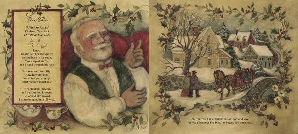 An illustrated spread from Schiffer Publishing, Ltd.'s "The Visit" features Santa with a teacup, a snowy village, sleigh, and homes—ideal for fans of the classic holiday poem. Holly leaves trim the borders for festive charm.