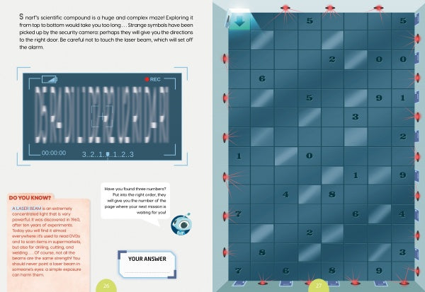 Escape Game Adventure: The Mad Hacker by Schiffer Publishing, Ltd. is a digital maze puzzle with numbered squares, laser beams, and cryptic letters. Instructions and an answer box appear below, plus a red warning about triggering the alarm.