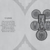 Two illustrated pages from "Falnama" by Schiffer Publishing, Ltd.: Page 15, “Jinni,” shows grayscale fantasy art of a genie and lamp; Page 16, “Greedy,” features clockwork faces and a poem about greed and loss. Inspired by Islamic manuscripts.