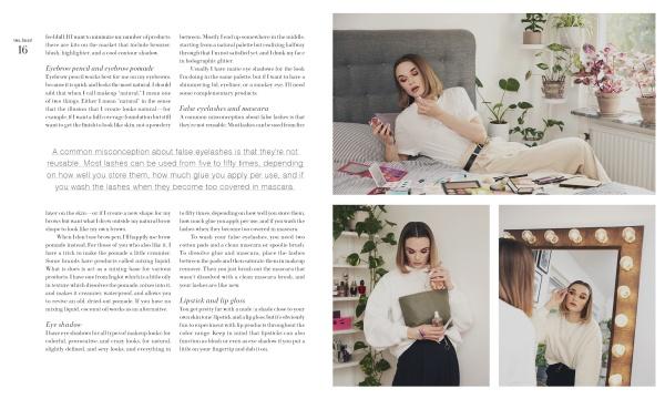 A magazine spread features a woman with light brown hair applying makeup while holding "Two Faced" by Schiffer Publishing, Ltd. She sits on a bed surrounded by cosmetics, checks her reflection at a lit vanity, with text about false eyelashes on the page.