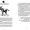 Two pages from "50 Famous Fables and Folk Tales" by Schiffer Publishing, Ltd. show a donkey illustration and the story "The Jackass and the Cur," featuring classic tales with art, text, and quotes that teach important moral lessons.