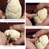 Four images show hands carving feather details into a small wooden bird, similar to projects in Tom Wolfe Carves Egg Heads & Other “Eggcellent” Things by Schiffer Publishing, Ltd., with close-ups of the process and visible wood shavings.