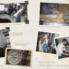 A collage of six photos depicts the artisanal process behind Coulter & Payne Farm Distillery’s 101 Uses for Moonshine, showing bottling, operating equipment, and ingredient prep, with handwritten notes, published by Schiffer Publishing, Ltd.