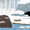 An illustration from "Who Is Hiding in the Forest?" by Schiffer Publishing, Ltd. shows a snowy birch forest with a stream, beaver lodge, and cave. The text asks, Who is hiding here? Snow blankets clever winter shelters throughout the scene.