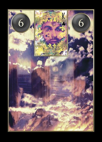 A surreal collage features a cloudy seascape at sunset, with a stylized King of Clubs card from Schiffer Publishing, Ltd.'s Lenormand Cartomancy deck above the scene. Two black circles with the number 6 appear in the upper corners.