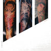 Three forearms with vibrant Japanese-style tattoos showing expressive faces and intricate details appear vertically against a white background, highlighting Japanese Style Tattoo Art by Schiffer Publishing, Ltd.