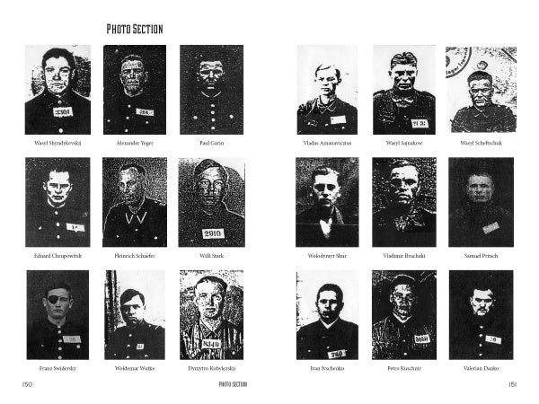 A grid of 16 vintage, passport-style photos of men—each named below—appears on the cover of "Trawniki Guards" by Schiffer Publishing, Ltd.; several wear Trawniki concentration camp uniforms or prison clothing with ID numbers.