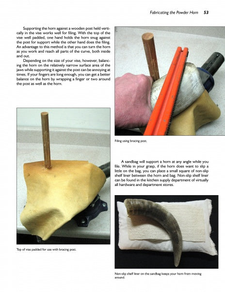 A page from Schiffer Publishing, Ltd.’s "Powder Horns" shows three images—horn held upright on a wooden post with files, horn tip in padded vise, and horn on shelf liner—ideal for learning powder horn making and scrimshaw techniques.