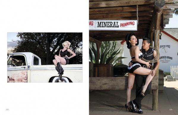 Left: Channeling classic pinup style, a woman in black lingerie and boots poses on a white vintage truck. Right: A woman in black lingerie and heels stands over a tied man by a rustic "Mineral Panning" building. From *Kittens and Kulture* by Schiffer Publishing, Ltd.