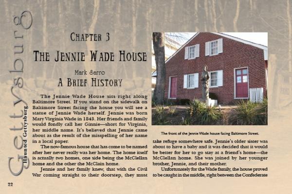 A page from "Haunted Gettysburg" by Schiffer Publishing, Ltd. features the Jennie Wade House—an iconic ghost tour stop—shown in a photo with its red brick exterior, white trim, plaques, historical marker, and trees. The title reads “The Jennie Wade House: A Brief History.”.