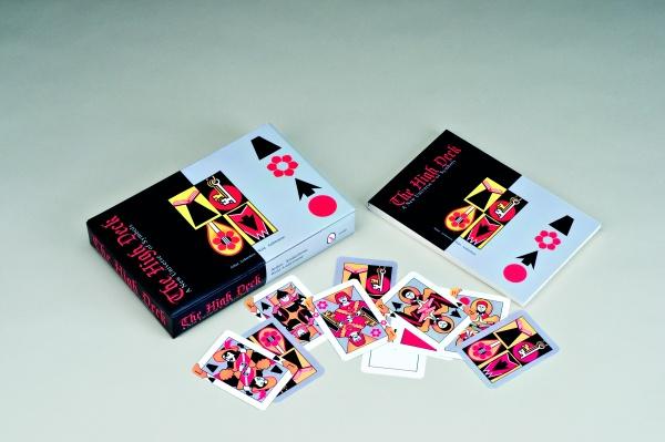 The High Deck by Schiffer Publishing, Ltd. is displayed with its box, showcasing abstract, colorful designs. Several cards are spread out, revealing bold geometric artwork—iconic symbols in this unique card deck.
