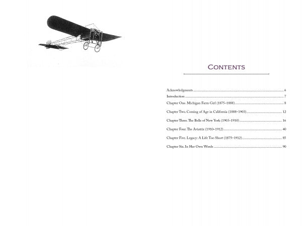 A vintage black-and-white photo of pioneer aviator Harriet Quimby appears top left. To the right, a table of contents lists six chapters and intros with page numbers in "Harriet Quimby" by Schiffer Publishing, Ltd., celebrating women in aviation.