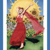 A joyful woman in a red dress dances before sunflowers and a stone wall as the bright sun shines behind her. The card, titled 19 THE SUN, radiates positive energy in the Gaian Tarot by Schiffer Publishing, Ltd.