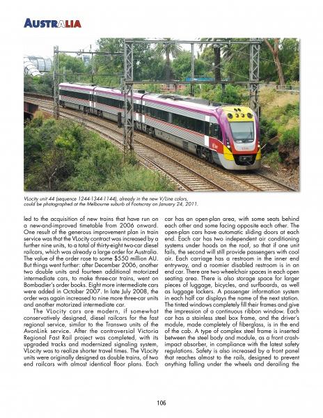 A V/Line Vlocity train with purple, yellow, and silver colors moves through a green landscape beneath overhead wires, as seen in "Fast Trains Worldwide" from Schiffer Publishing, Ltd., showcasing modern railway evolution amid trees and signals.