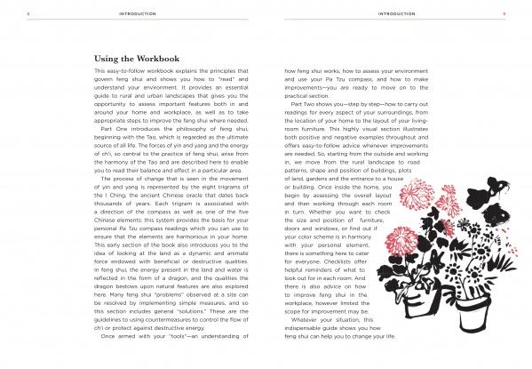 Two introduction pages from the "Feng Shui" workbook by Schiffer Publishing, Ltd. are displayed. The left page gives usage tips; the right continues with instructions and a black-and-white illustration of potted flowers and butterflies.