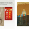 A two-page spread in Schiffer Publishing, Ltd.'s "Artistry in Fiber, Vol. 1" highlights Joan White’s photo, bio, and three striking geometric and symbolic fiber artworks, each with descriptions, set on a white and light aqua backdrop.