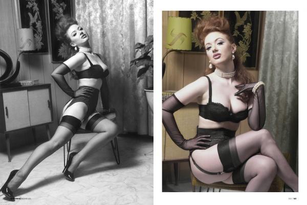 A woman in vintage lingerie and stockings poses seductively in a retro room—a classic scene from Retro Glamour Photography of Mark Anthony Lacy by Schiffer Publishing, Ltd., with one black-and-white and one color image reflecting his iconic style.