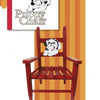 A children's chair inspired by "Creating Decorative Chairs for Children" from Schiffer Publishing, Ltd. is set against orange stripes, featuring a cartoon puppy face—ideal for adding playful decor to kids’ rooms.
