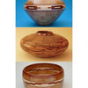 “Segmented Bowls for the Beginning Turner” by Schiffer Publishing, Ltd. showcases three wood-turned bowls: one round with geometric patterns, a flatter bowl with curved designs, and a shorter bowl featuring wide decorative bands.