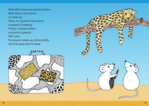 Two white mice gaze at a leopard on a tree branch, above an illustrated suitcase with animal prints. Set against a blue sky and sandy ground, this charming Zendoodle for Children book cover is from Schiffer Publishing, Ltd.