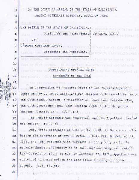 A typed legal document titled "Appellant’s Opening Brief," regarding Greg Batman Davis by Schiffer Publishing, Ltd., in a California criminal appeal, discusses the case summary and charges with text on lines 1 to 28.