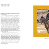 A woman in equestrian attire rides a dark horse outdoors, framed by a yellow border. On the left, inspiring stories from "Reasons to Smile" by Schiffer Publishing, Ltd. are shared. Below, a quote reads: Freedom lies in being bold.