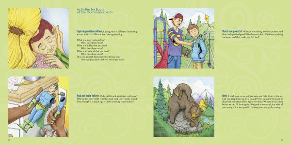 Four illustrations from "Have You Heard?" by Schiffer Publishing, Ltd. show a child hugging their mother, kids at play, a child with an action figure, and a bear by rocks—each image shares values and lessons inspired by the Ten Commandments.